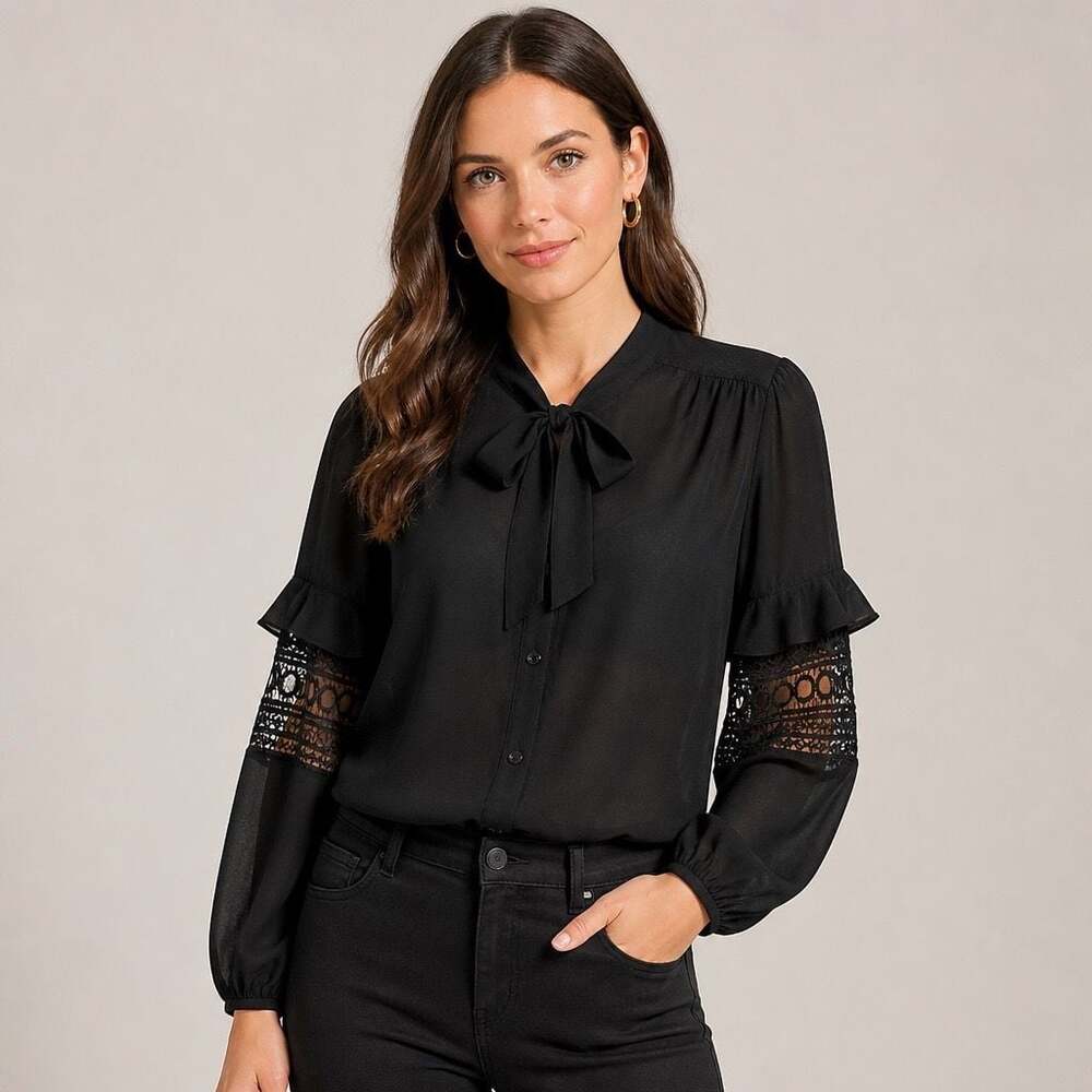 Antthony Original Black Chiffon Tie Neck Blouse with Lace Insert Sleeves XL